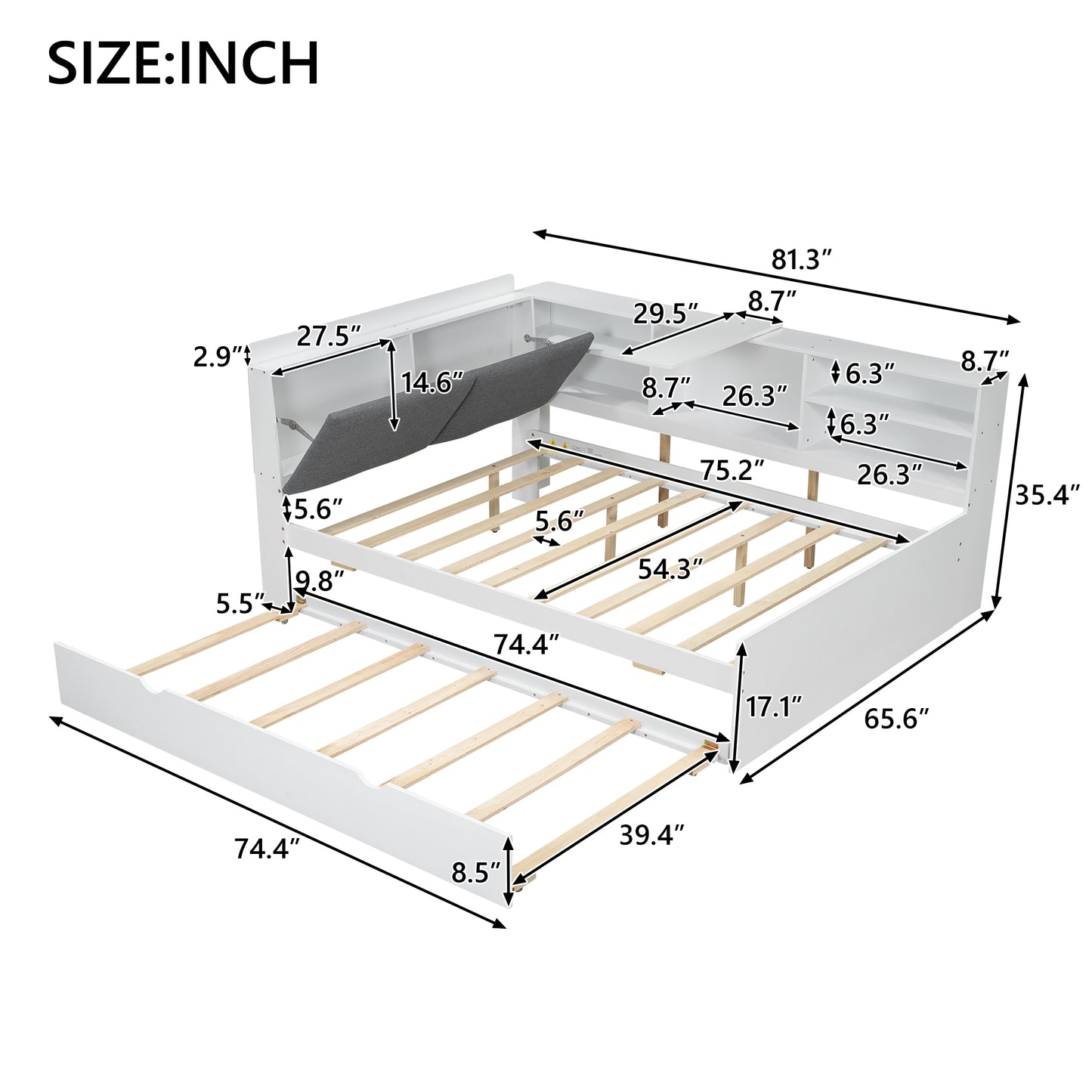 Wood Full Size platform bed with Trundle, Shelves and Storage Headboard, White