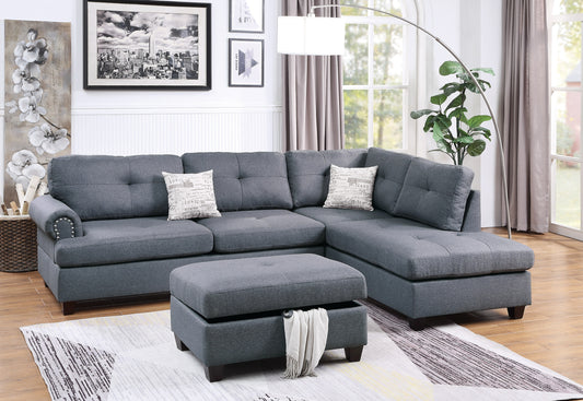 3-pcs Sectional Sofa Blue Grey Polyfiber Cushion Sofa Chaise Ottoman Reversible Couch Pillows