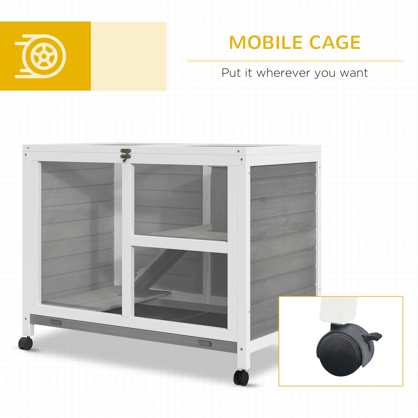 PawHut Indoor Rabbit Hutch with Wheels, Desk and Side Table Sized, Wood Rabbit Cage, Waterproof Small Rabbit Cage, Gray