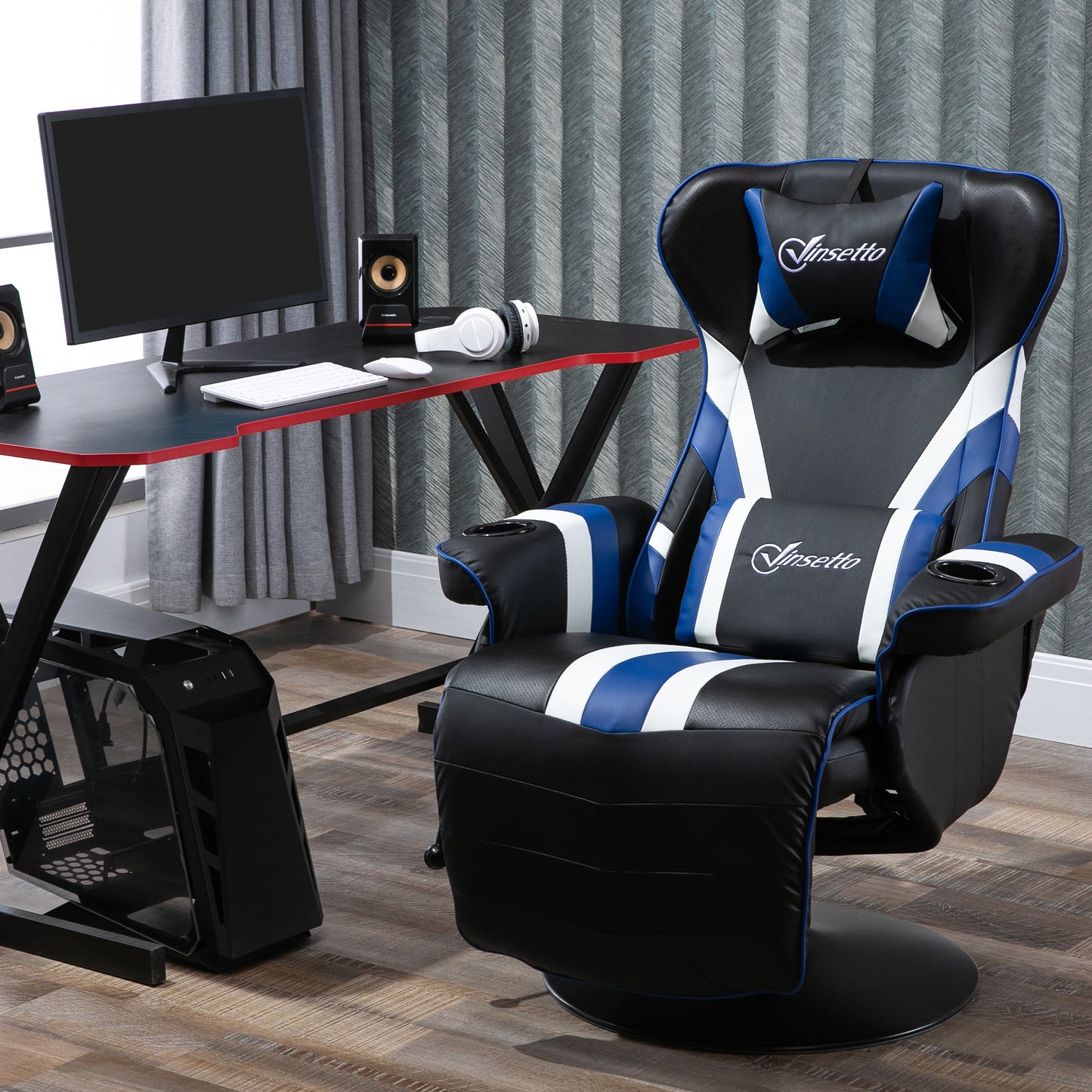 Vinsetto Gaming Chair, Racing Style Computer Recliner with Lumbar Support, Footrest and Cup Holder, Black/White/Blue