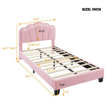 Twin Size Upholstered Flower-Shape Bed, Elegant Flowers Headboard with LED Light Strip ,Sherpa Fabric Platform Bed with Wooden Slats Support, Pink