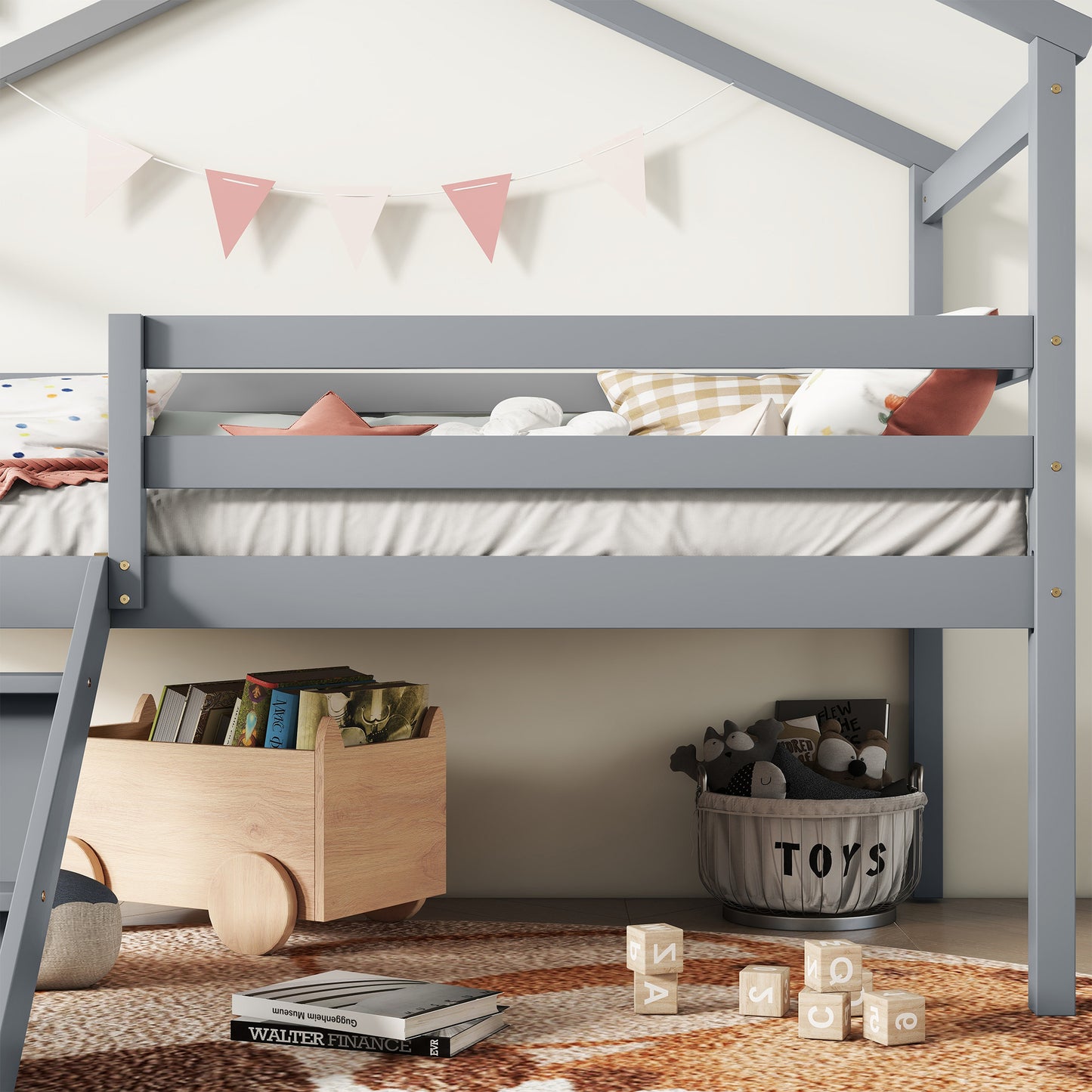 Twin Low Loft House Bed with Slide,  Ladder, Safety Guardrails, House Roof Frame,Grey