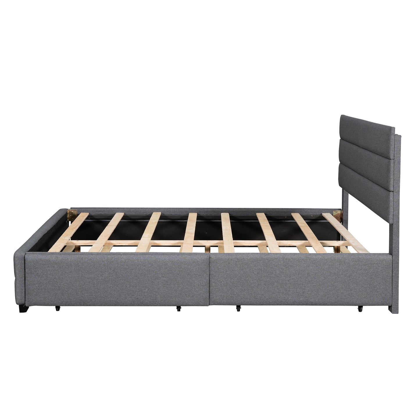 Queen Upholstered Platform Bed with Twin Size Trundle and Two Drawers,Grey