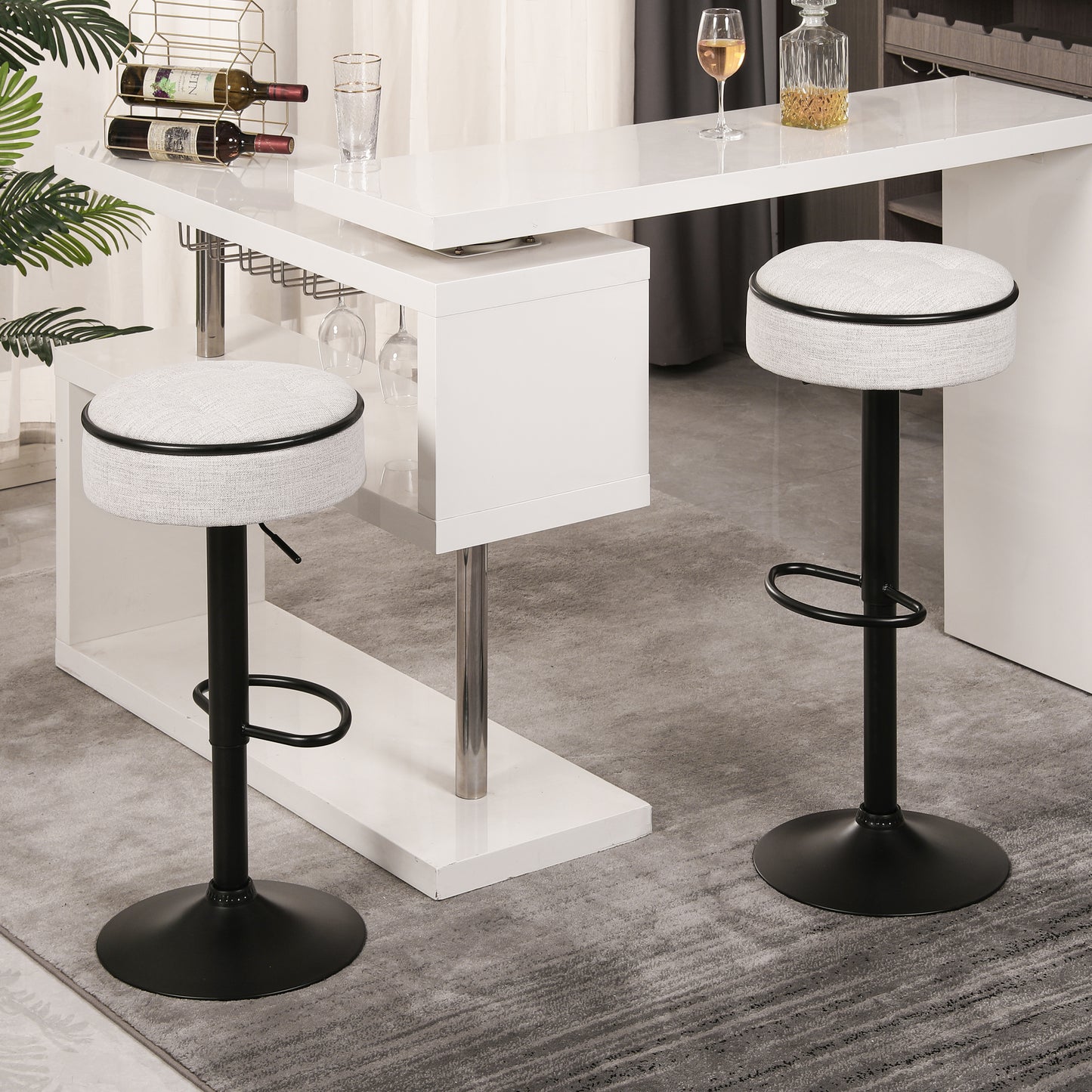 Round Storage Bar Stool Set of 2, Off White Linen Height Adjustable Barstool, 360°Counter Height Swivel Stool, Armless Bar Chair with Metal Frame for Kitchen Counter Dining Living Room