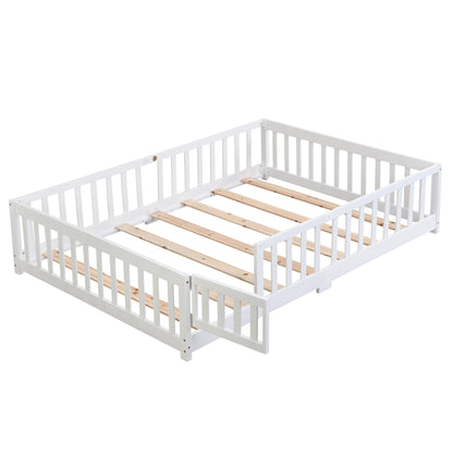 Queen Size Floor Bed with Door,Solid Wood Platform Bed Frame with Fence,Suitable for children,Pine Wood,White