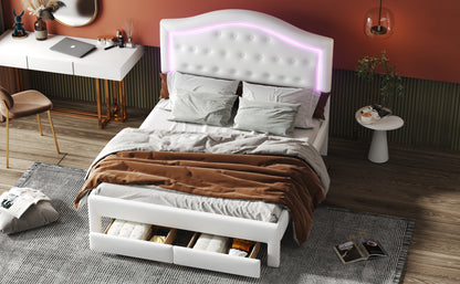 Queen Size Upholstered Platform Bed with Tufted Headboard, LED and 2 Drawers, White