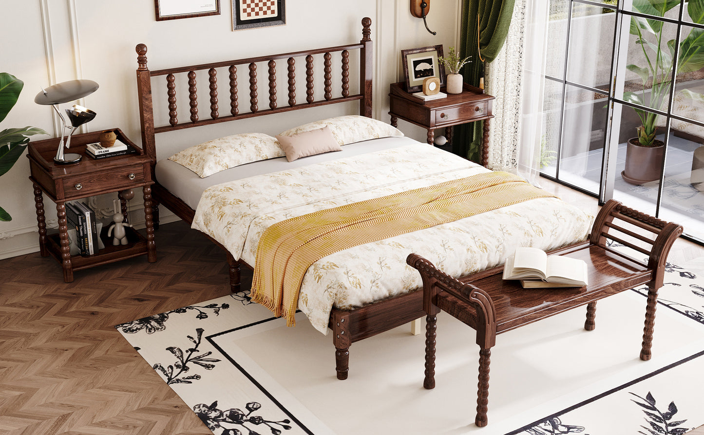 4-Pieces Retro Style Bedroom Sets, Queen Size Platform Bed with Gourd Shaped Headboard, Storage Nightstand and Bench with Turned Legs, Walnut