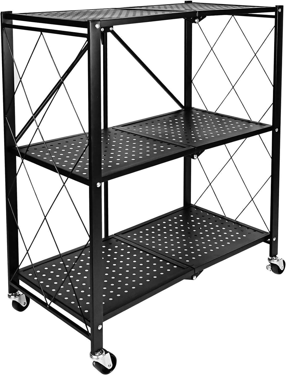 3-Tier Heavy Duty Foldable Metal Rack Storage Shelving Unit with Wheels Moving Easily Organizer Shelves Great for Garage Kitchen, Black