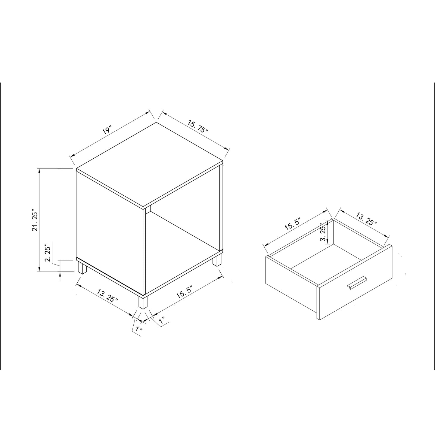 Three drawer nightstand locking top drawer metal drawer glides metal bar handles light cherry color