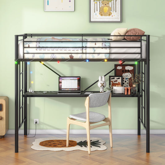 Twin Metal Loft Bed with Desk, Power Outlet and LED Lighted , Safety Guard & Ladder, No Box Spring Needed, Black