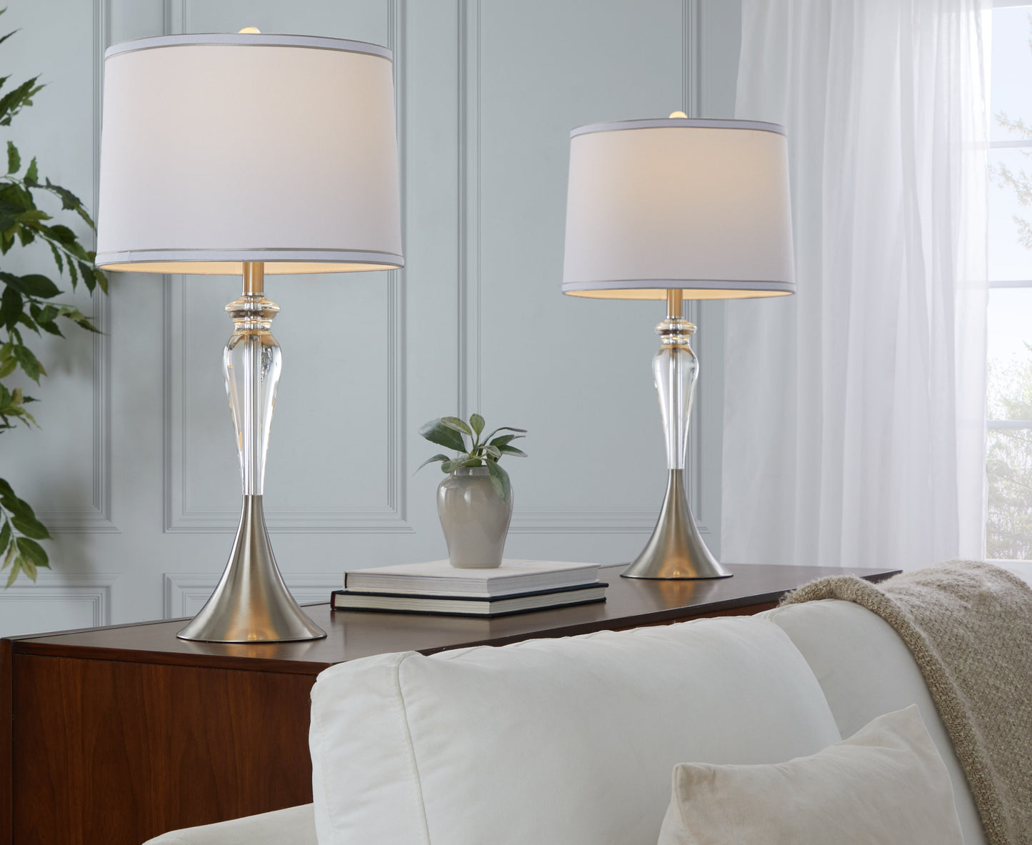 Ashland 28" Contemporary Crystal Table Lamp in Clear Crystal, Brushed Nickel and White Linen Shade with Silver Trim from Grandview Gallery by LumiSource - Set of 2