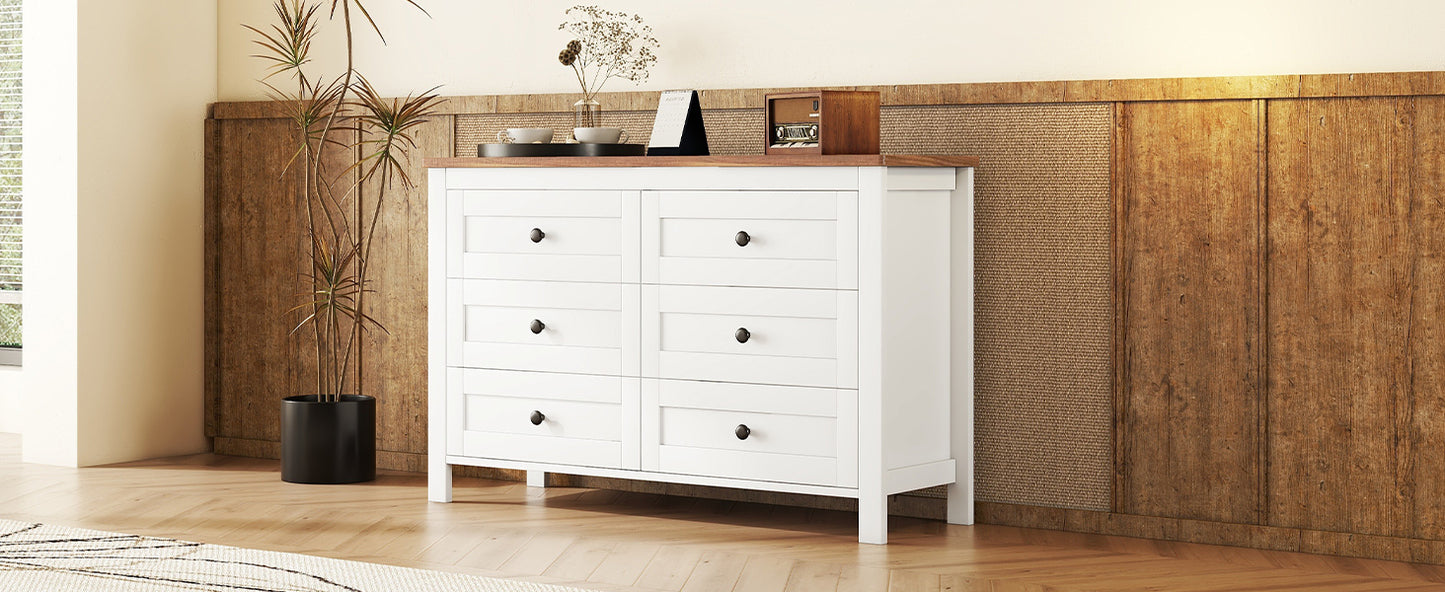 Retro Farmhouse Style Wooden Dresser with 6 Drawer, Storage Cabinet for Bedroom, White+Brown