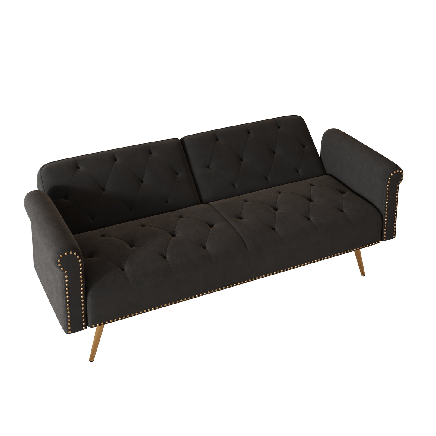 69.7-inch black velvet nail head sofa bed with throw pillow