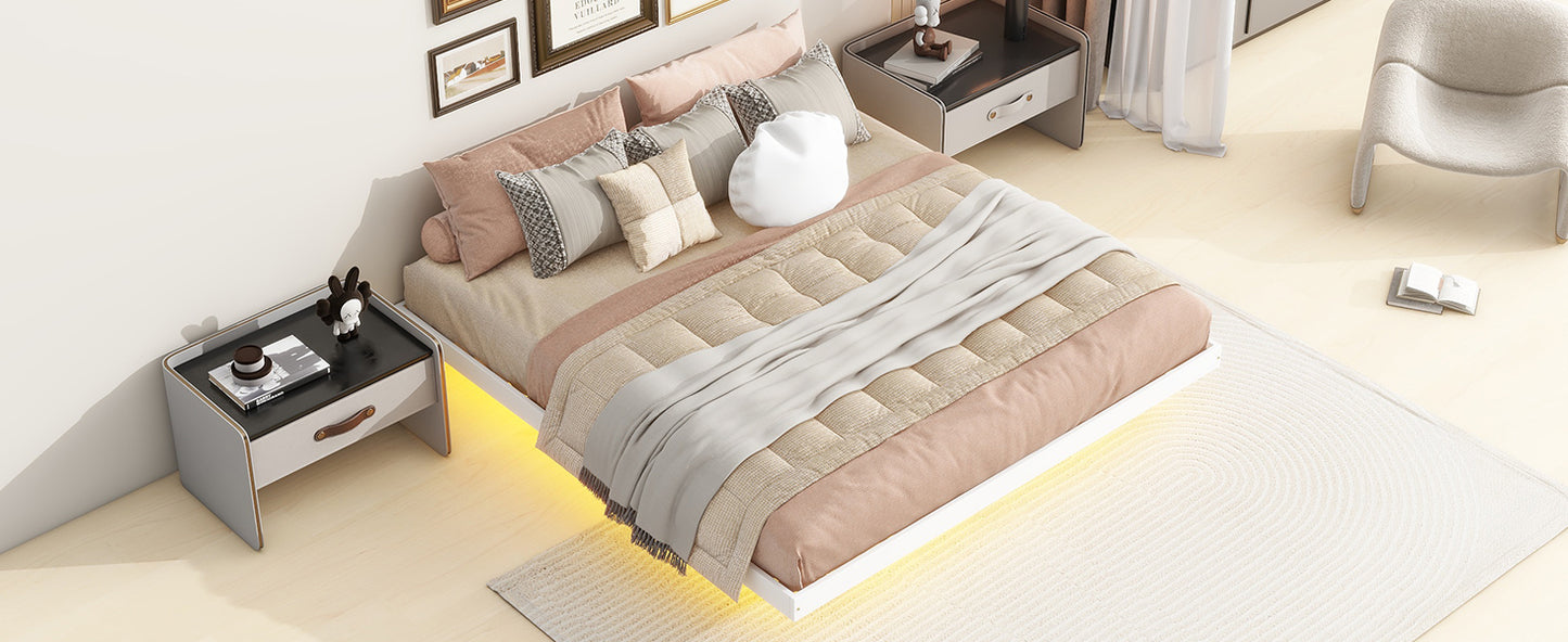 King Size Floating Bed with LED Lights Underneath,Modern King Size Low Profile Platform Bed with LED Lights,White