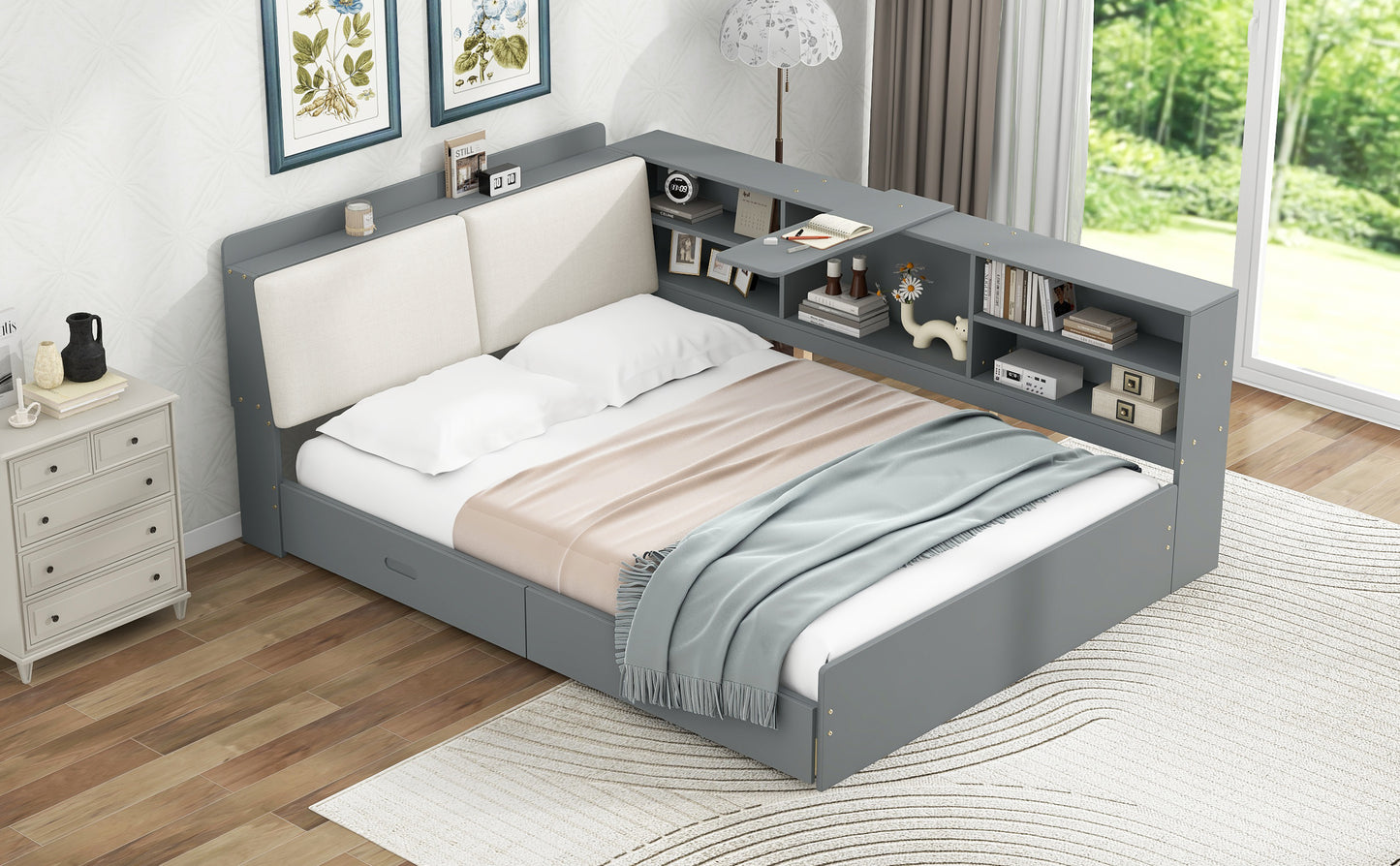 Wood Full Size platform bed with Storage Headboard, Shelves and 2 Drawers, Gray