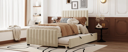 Twin Size Velvet Upholstered Platform Bed with Twin Size Trundle, Beige