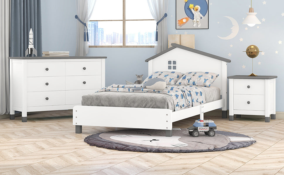 3-Pieces Bedroom Sets Twin Size Platform Bed with Nightstand and Storage dresser,White+Gray