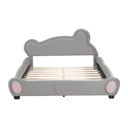 Queen Size Velvet Platform Bed with Bear-Shaped Headboard, with Bed-End Storage Pocket, Gray