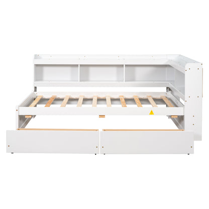 Twin Bed with L-shaped Bookcases,Drawers ,White