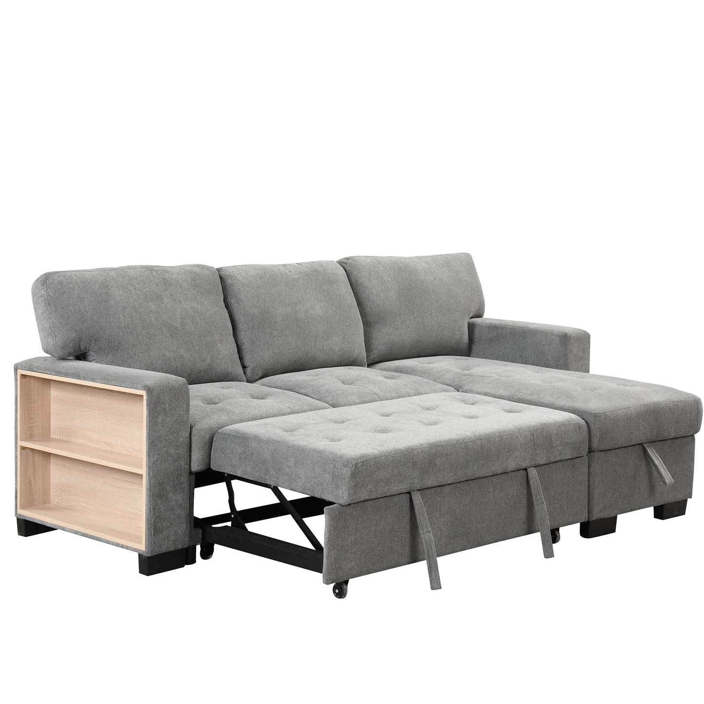 Stylish and Functional Light Chaise Lounge Sectional with Storage Rack Pull-out Bed Drop Down Table  and USB Charger Gray