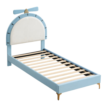 Twin Size Upholstered Platform Bed with Alarm Clock Shaped Headboard, Blue