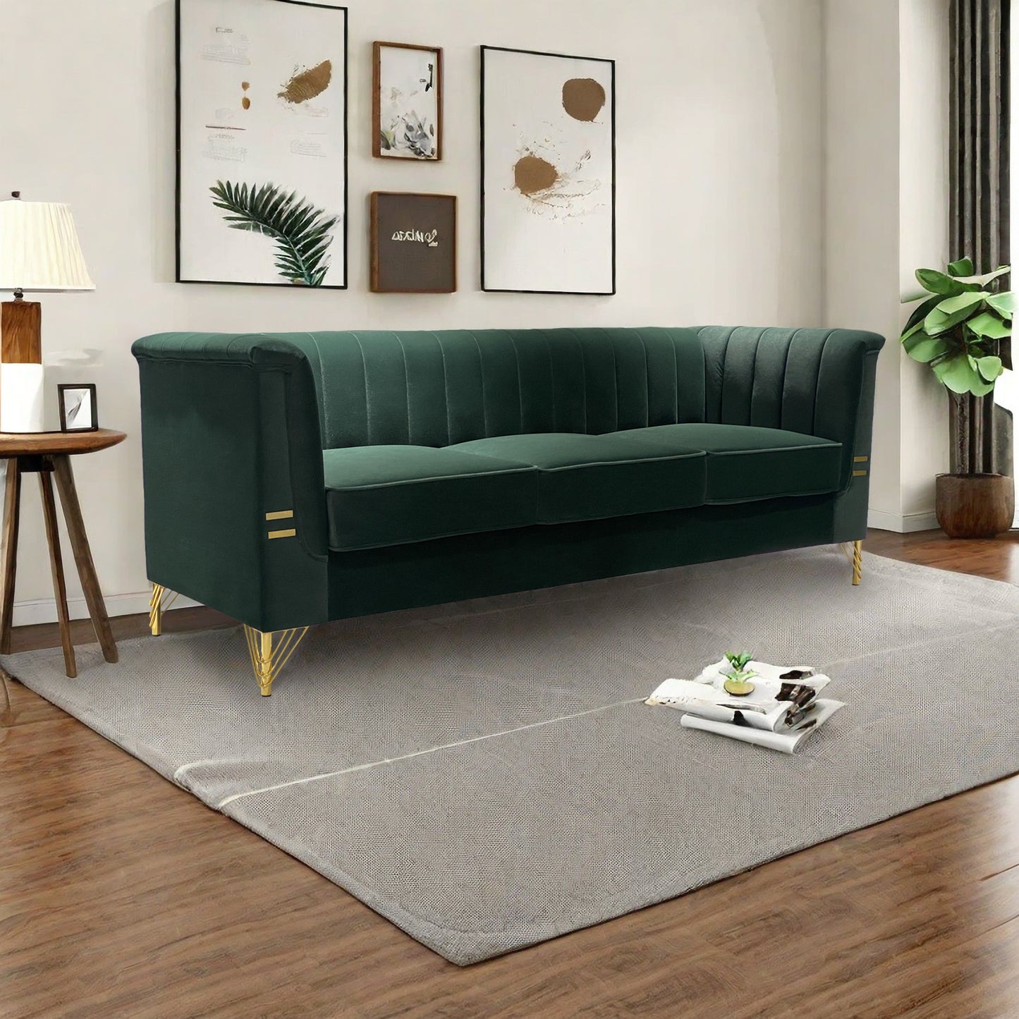 FX-P82-GR(sofa)-82.67'' W Velvet Sofa, Mid-Century Sofa Furniture Chesterfield Couch for Living Room (Sofa, Green)