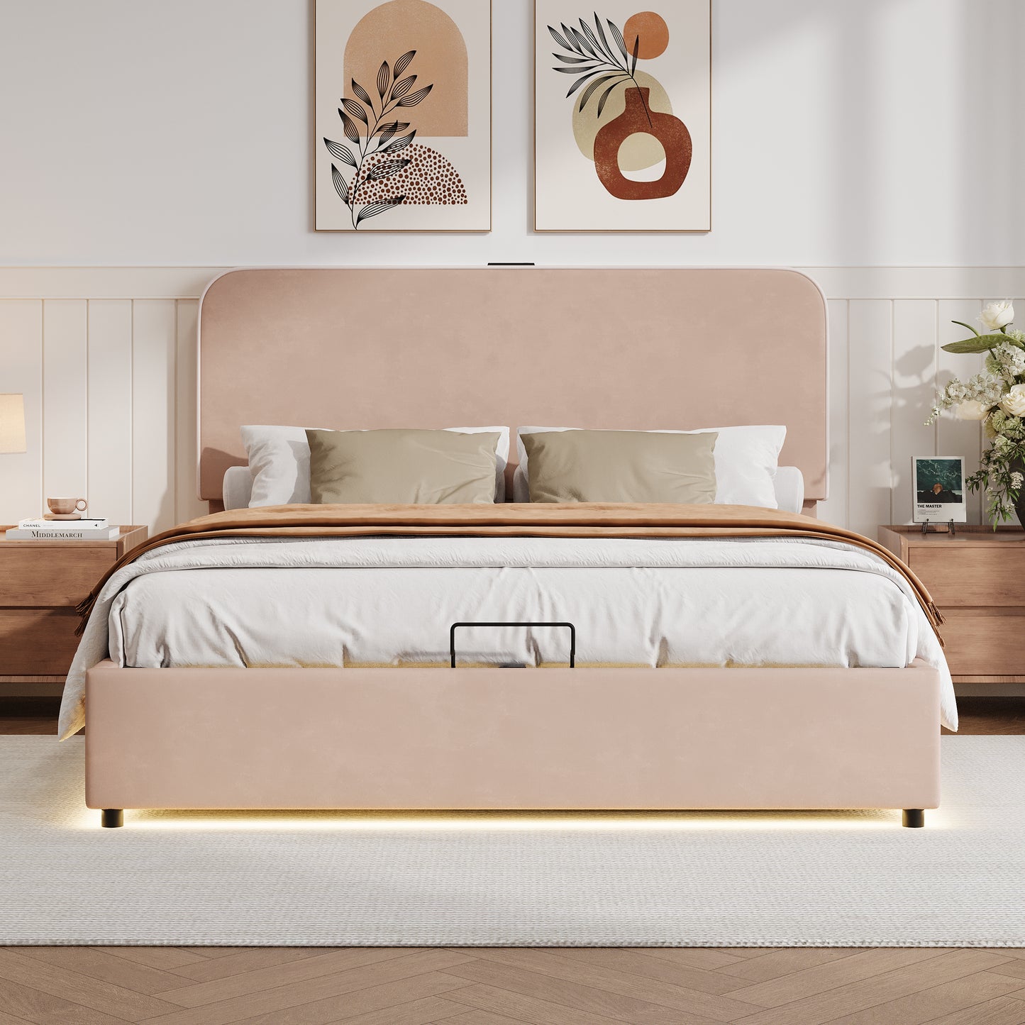 Upholstered Platform Full Size Hydraulic Storage Bed, Lift Up Storage Bed with RGB LED Light, Bluetooth Speaker, No Box Spring Needed, Lychee Velvet,Pink