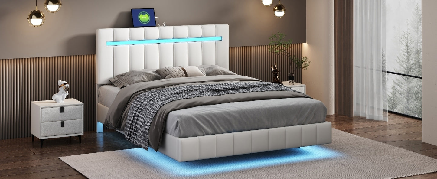 Queen Size Floating Bed Frame with LED Lights and USB Charging,Modern Upholstered Platform LED Bed Frame, White