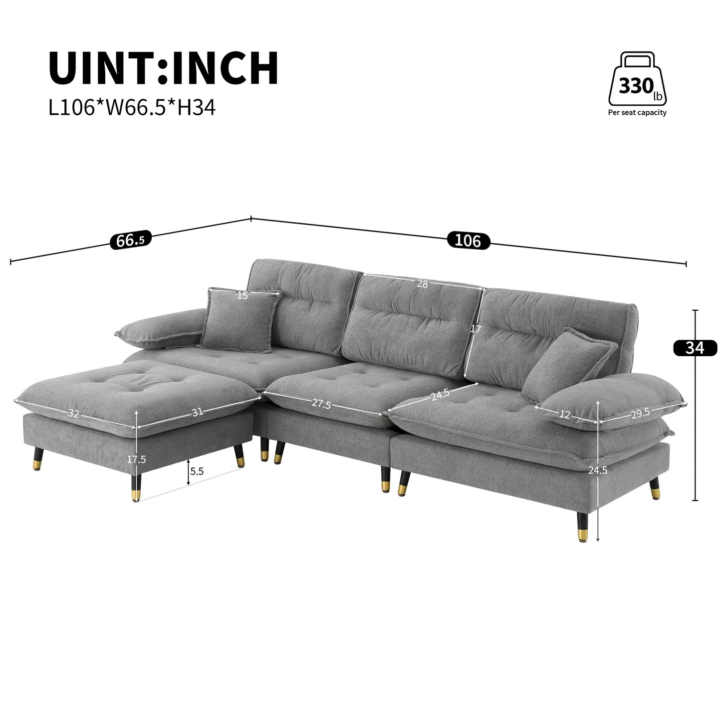 106*66.5" L shaped Convertible Sectional Sofa,4 Seat Tufted Couch Set with Two-tone Adjust Legs,Cloud Chenille Fabric,Movable Ottoman for Living Room,  Apartment,Office,3 Colors