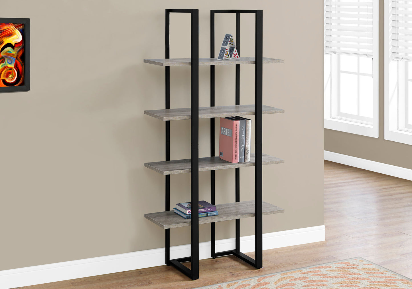 Bookshelf, Bookcase, Etagere, 4 Tier, 60"h, Office, Bedroom, Brown Laminate, Black Metal, Contemporary, Modern