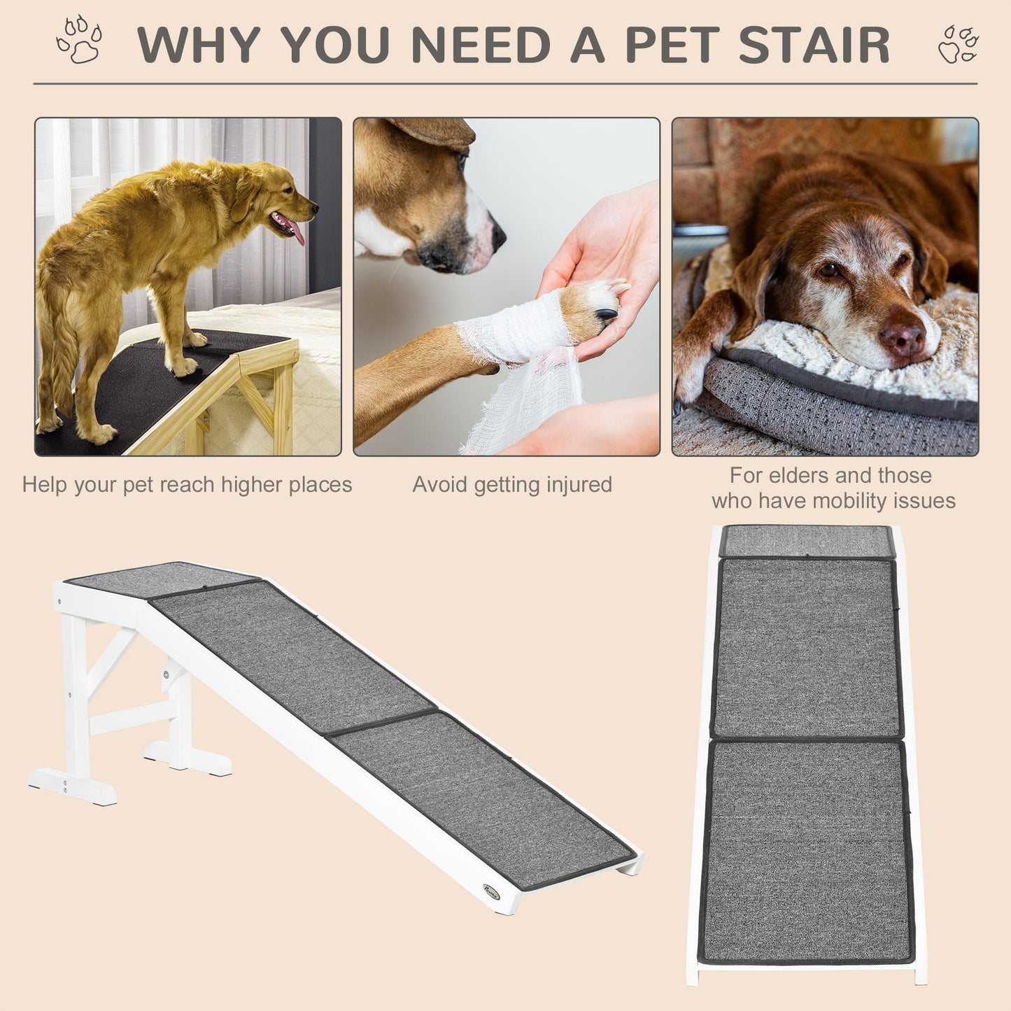 PawHut Dog Ramp for Bed, Pet Ramp for Dogs with Non-Slip Carpet and Top Platform, 60" x 16" x 20", White