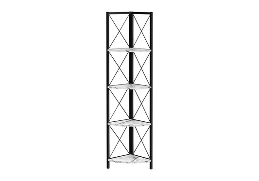 Bookshelf, Bookcase, Etagere, Corner, 4 Tier, 60"h, Office, Bedroom, White Marble Look Laminate, Black Metal, Contemporary, Modern