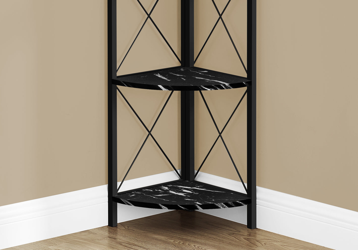 Bookshelf, Bookcase, Etagere, Corner, 4 Tier, 60"h, Office, Bedroom, Black Marble Look Laminate, Black Metal, Contemporary, Modern