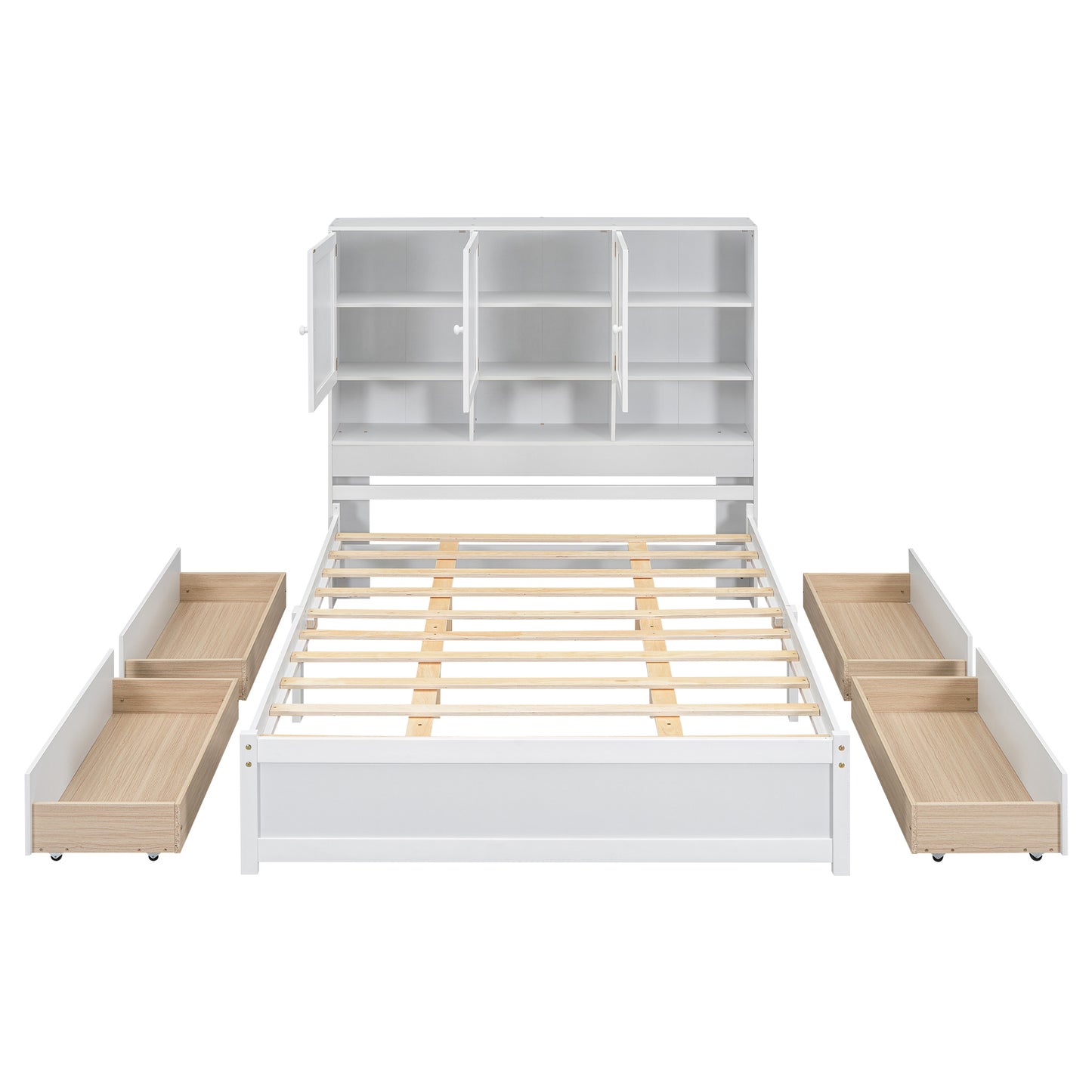 Queen Size Platform Bed with Storage Headboard and 4 Drawers, White