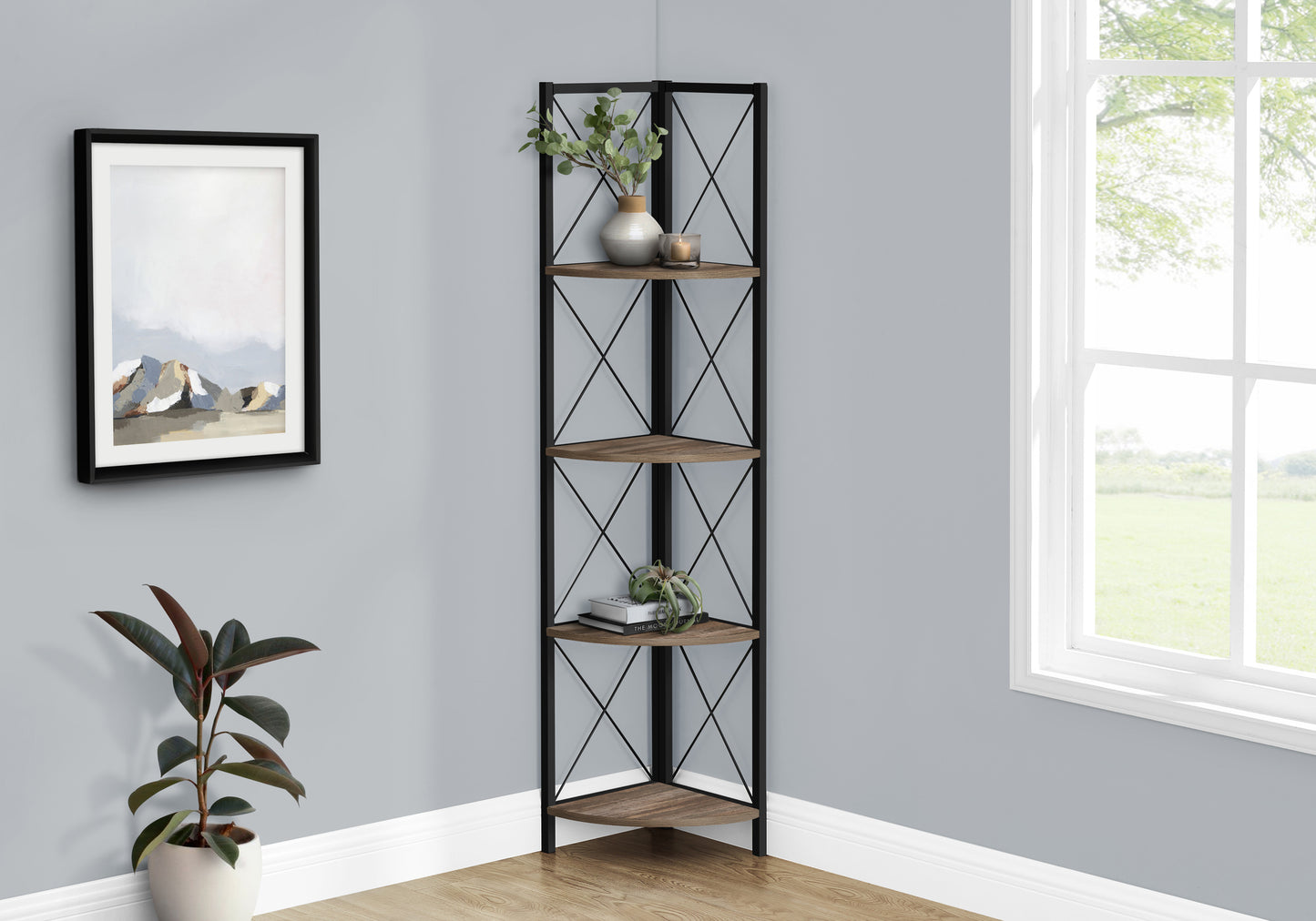 Bookshelf, Bookcase, Etagere, Corner, 4 Tier, 60"h, Office, Bedroom, Brown Laminate, Black Metal, Contemporary, Modern