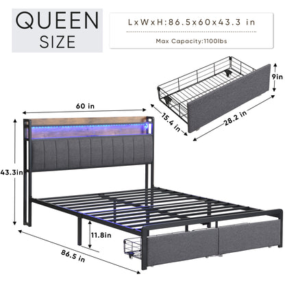 Queen Bed Frames with Storage Headboard and Drawers, LED Platform Bed Frame Queen Size, LED Upholstered Bed Frame with Charging Station, No Box Spring Needed, Easy Assembly, Grey