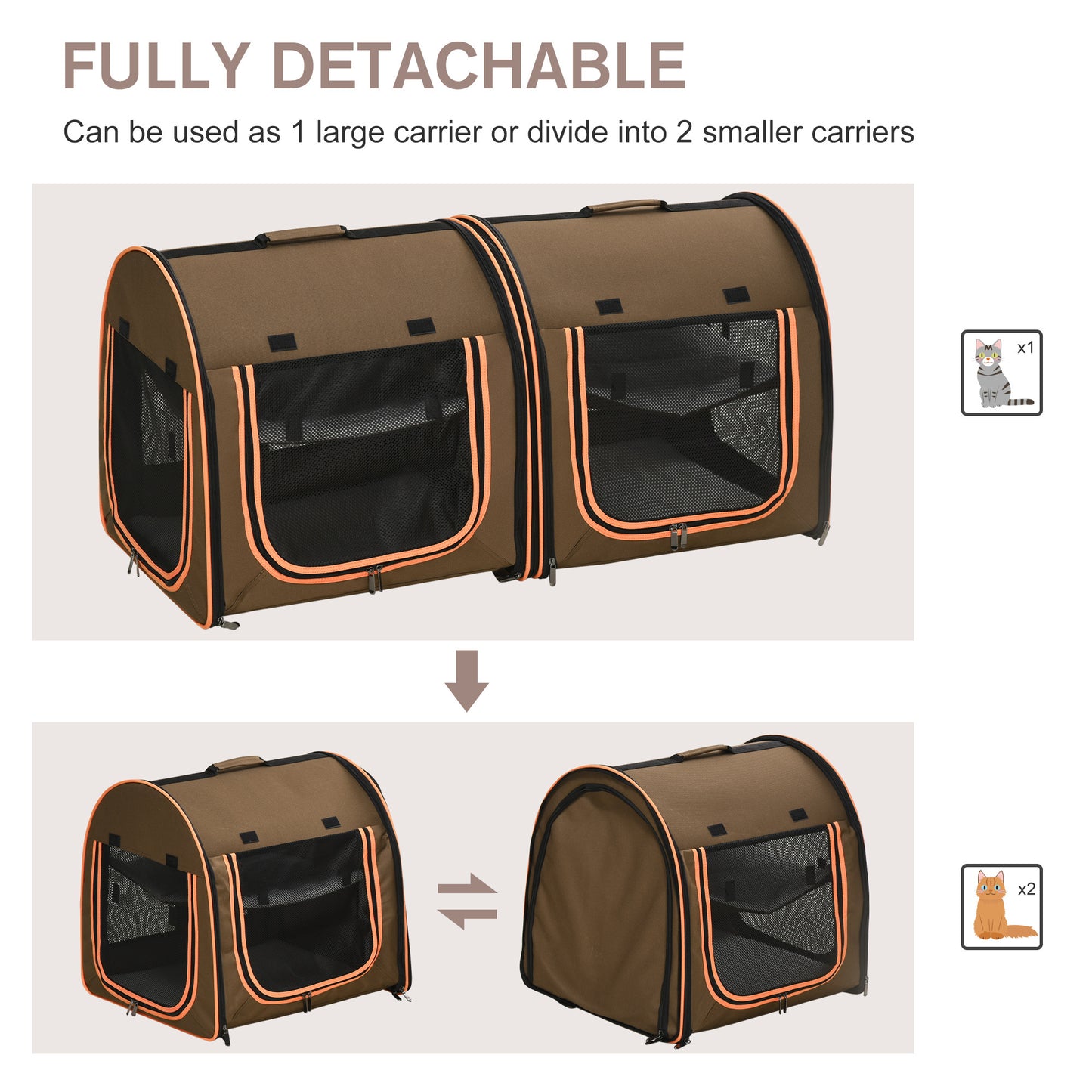 PawHut 39" Portable Soft-Sided Pet Cat Carrier with Divider, Two Compartments, Soft Cushions, & Storage Bag, Brown