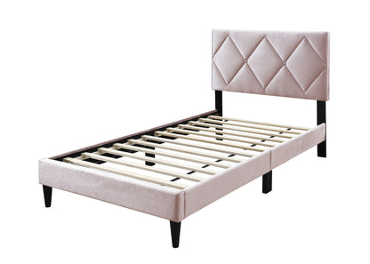 Twin Size Bed w Adjustable Headboard 1pc Bedframe, Light Pink Velvet Upholstered Youth Bedroom Furniture