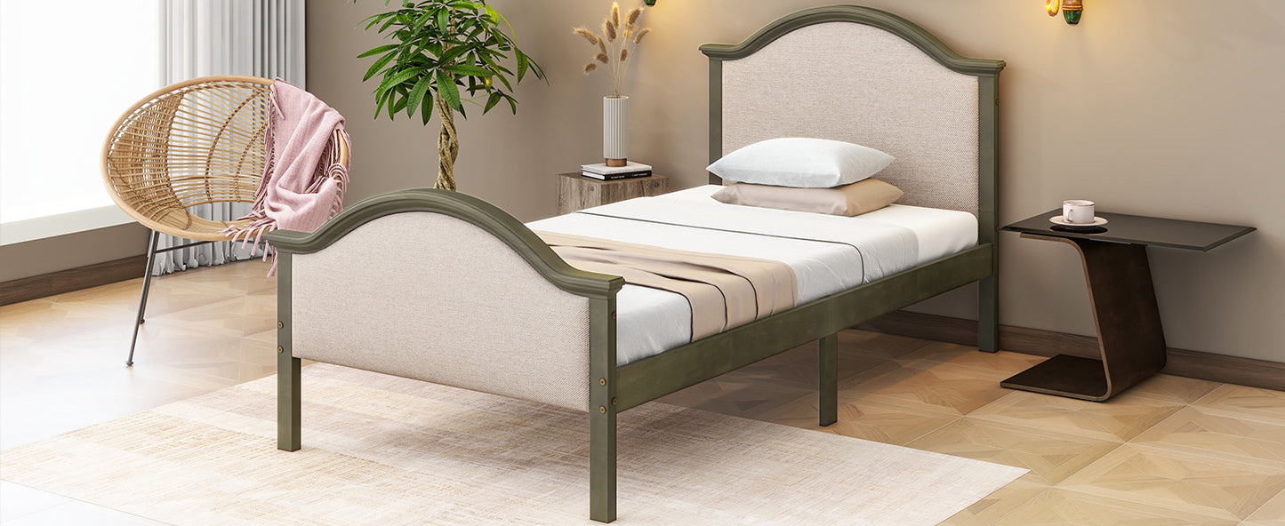 Twin Size Bed Frame with Headboard and Footboard, Upholstered Twin Platform Bed with Strong Wooden Slats Support,Grey