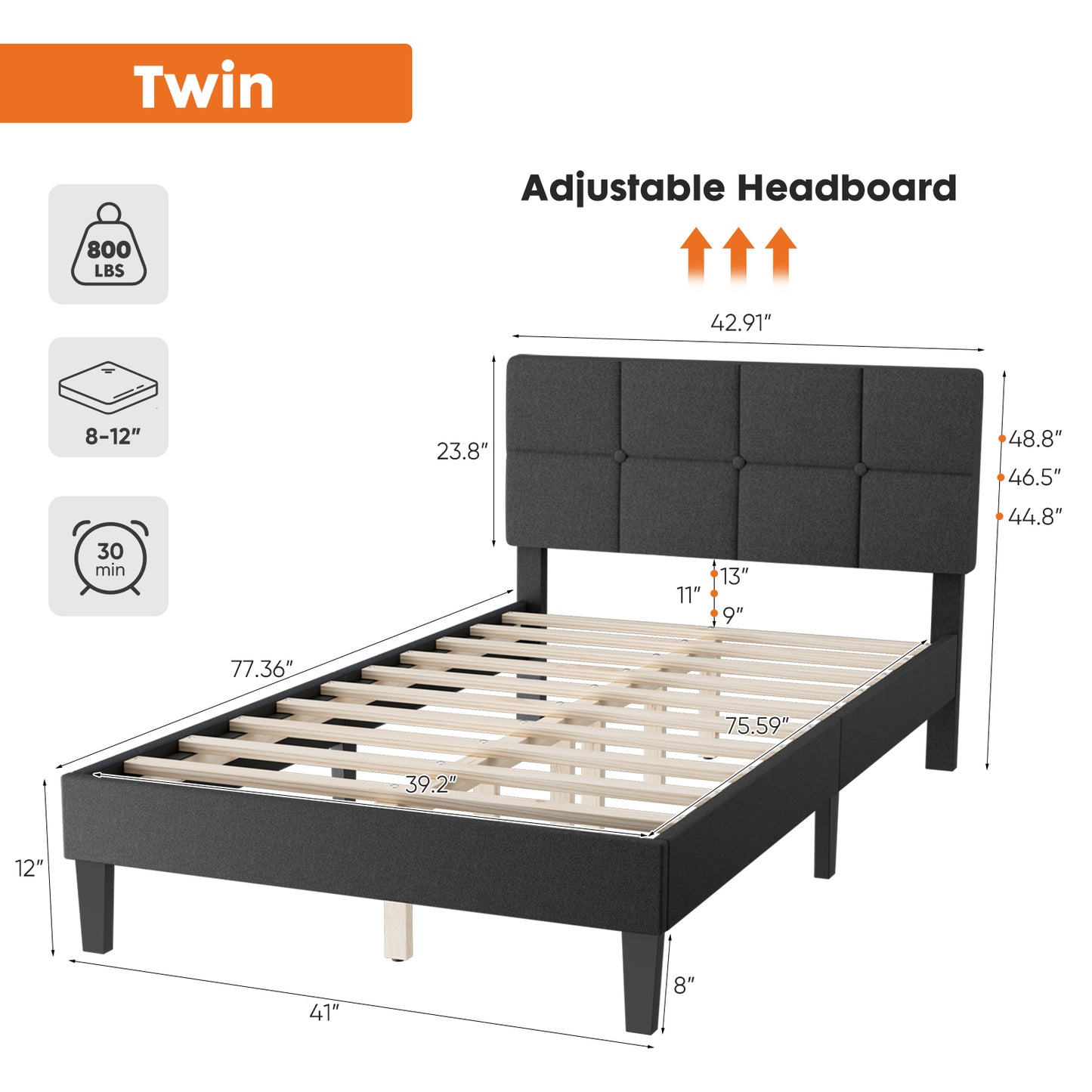 Twin Size Bed Frame - Linen Upholstered Platform Bed with Headboard, No Box Spring Needed with 800LBS Sturdy Wooden Slats Support, No-Noise, Easy Assembly, Dark Grey