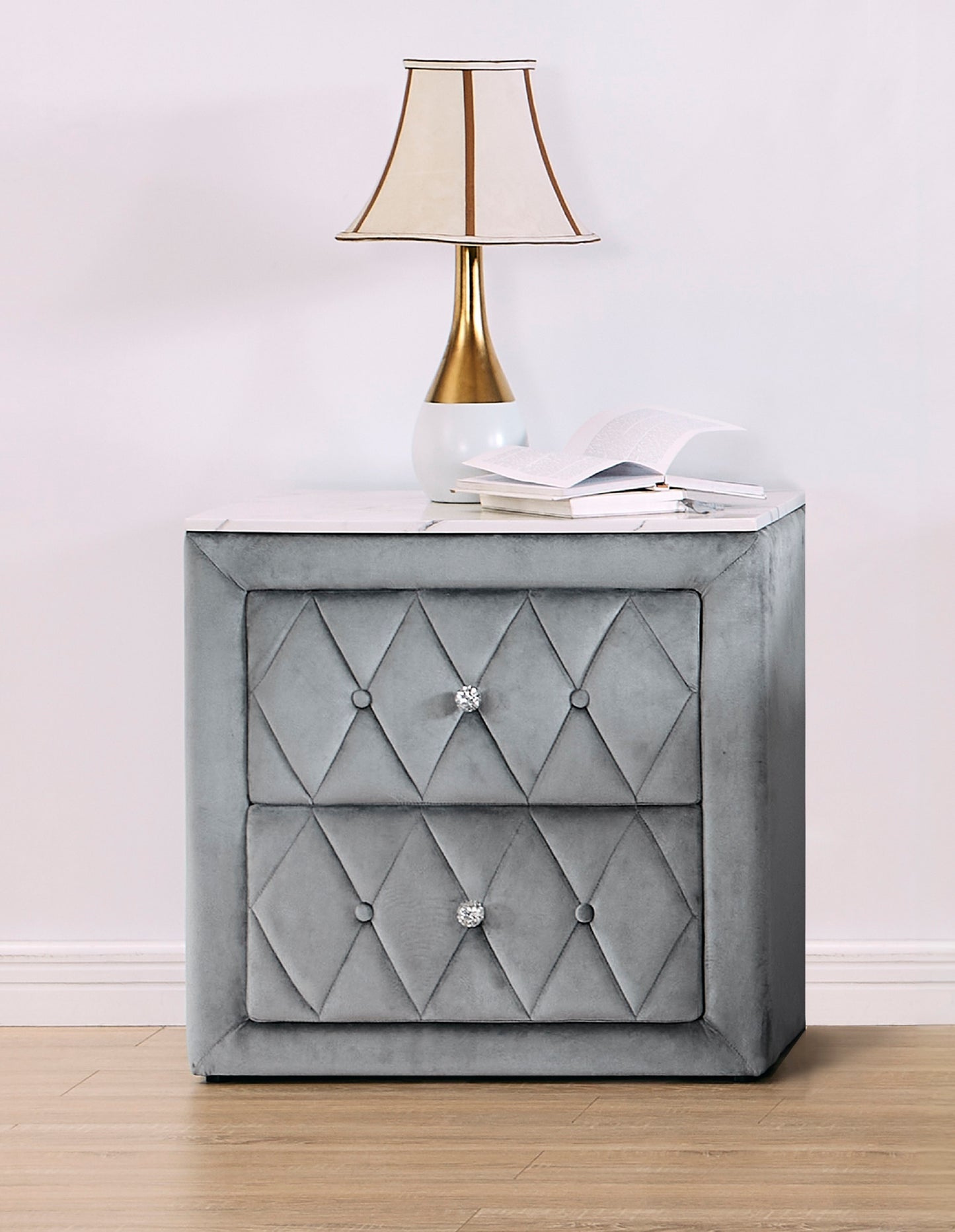 1pc Faux Marble Top Nightstand 2- Drawers Storage Gray Finish Button Tufted Faux Crystal Tufted