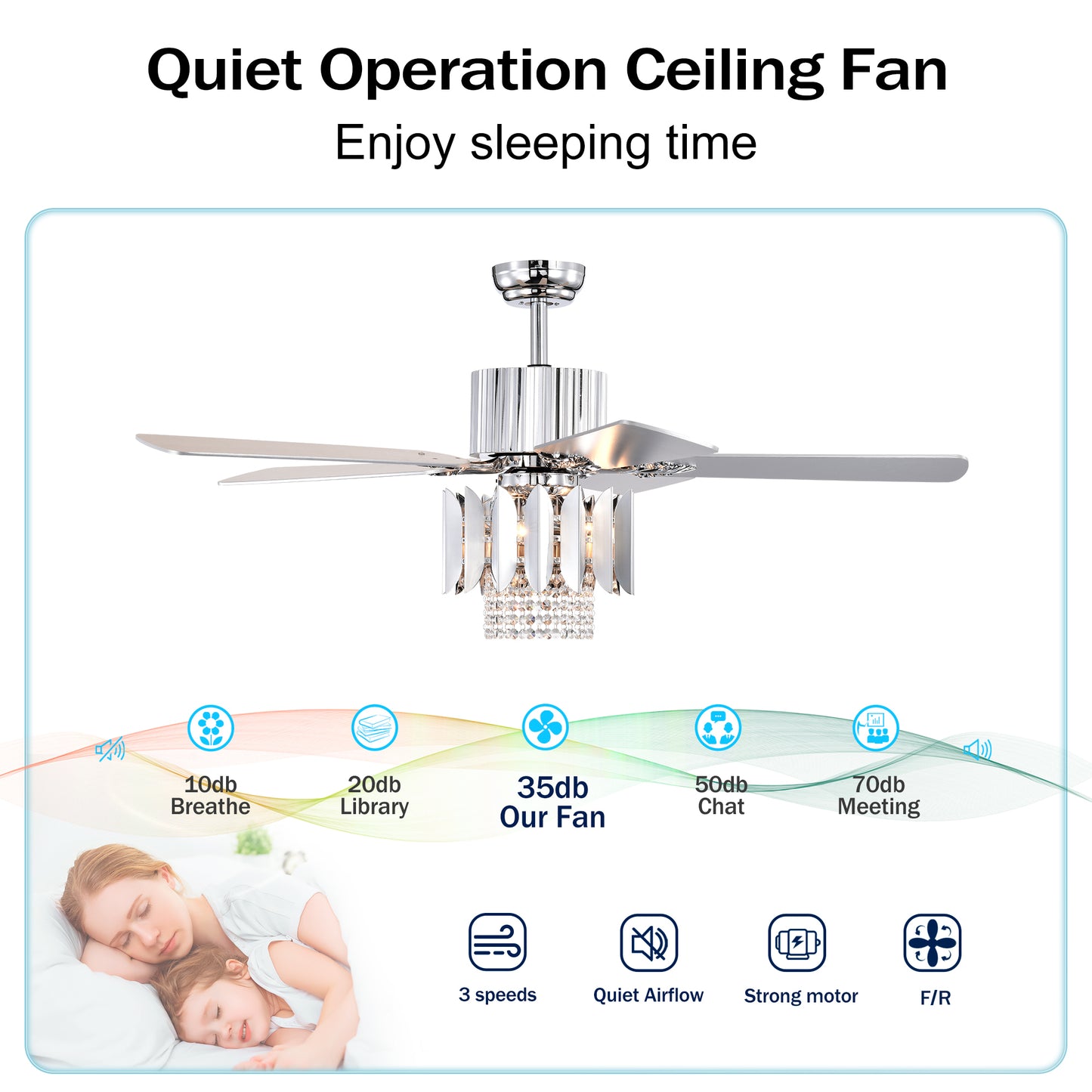 Crystal Ceiling Fan Reversible Blades 3 Wind Speeds Remote Control for Bedroom Living Dining Room --Chrome