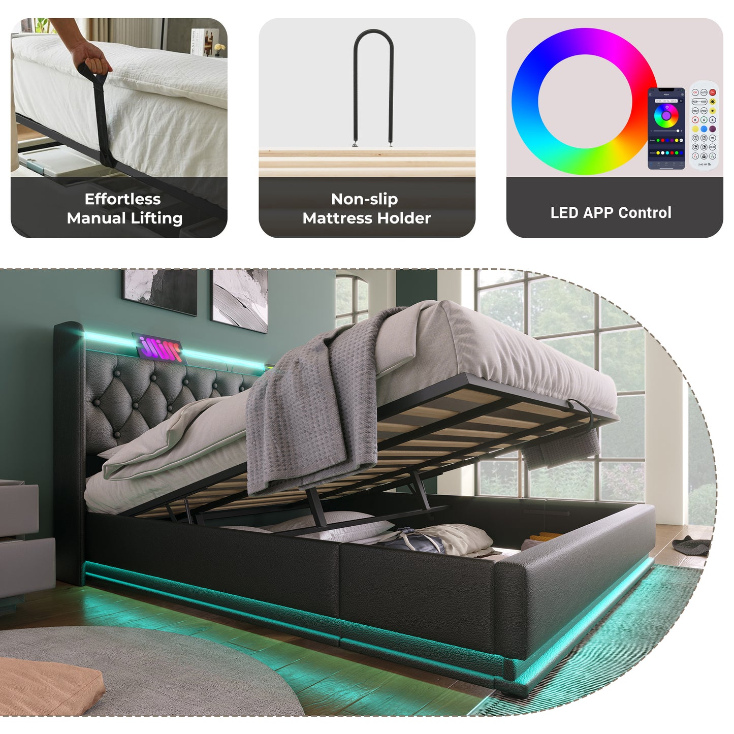 King size Upholstered bed, 360 surround LED function, Buttons/Apps/Remote Control, hydraulic storage bed with USB Type-C charging, Black, PU (Without mattress)