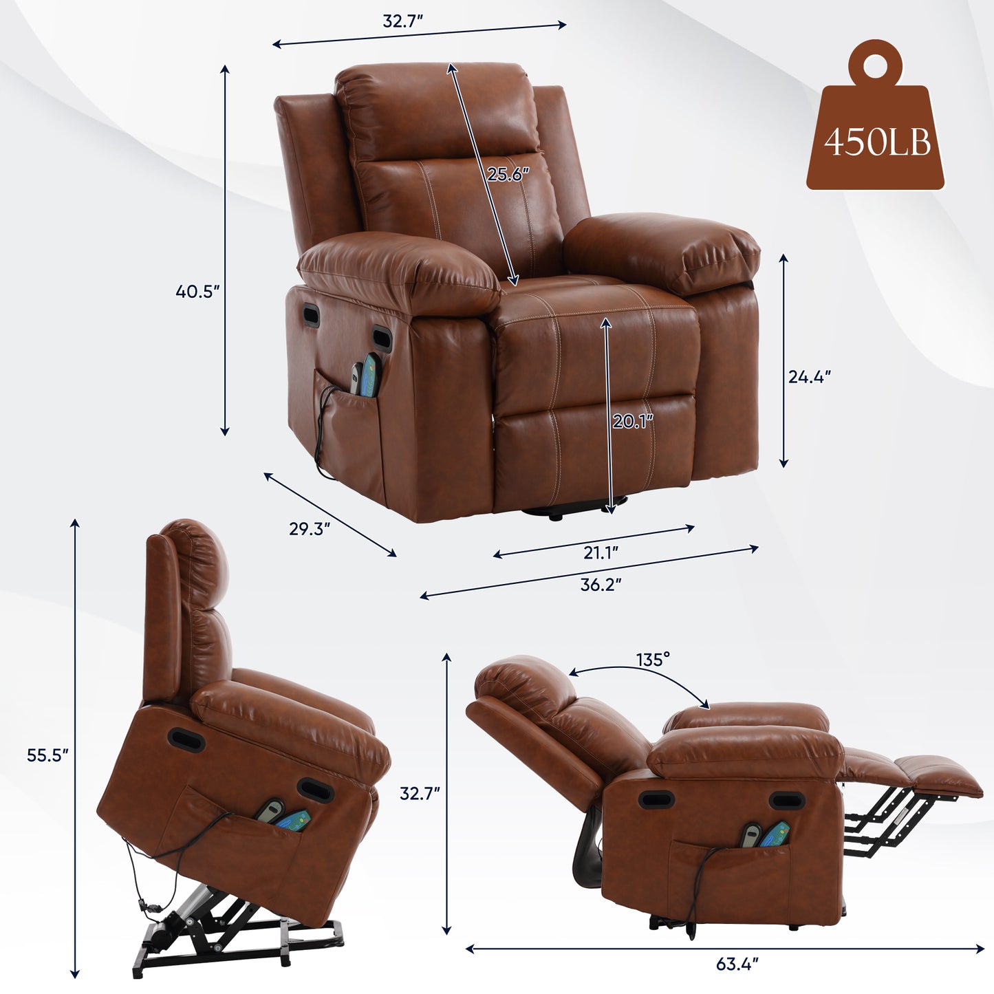 21"seat width,large size Electric Power Lift Recliner Chair Sofa for Elderly, 8 point vibration Massage and lumber heat, Remote Control, Side Pockets and Cup Holders, cozy fabric, overstuffed arm pu