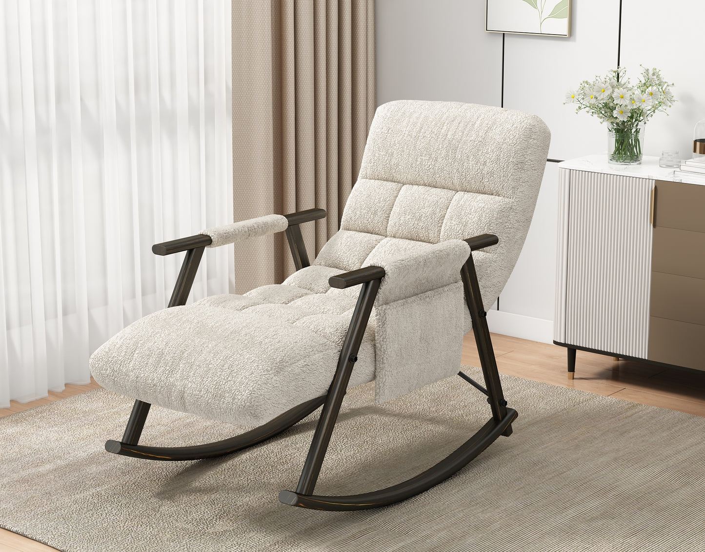 Casual folding rocking chair upholstered, lounge rocking chair adjustable high back and foot rest,side pockets placed in living room bedroom balcony