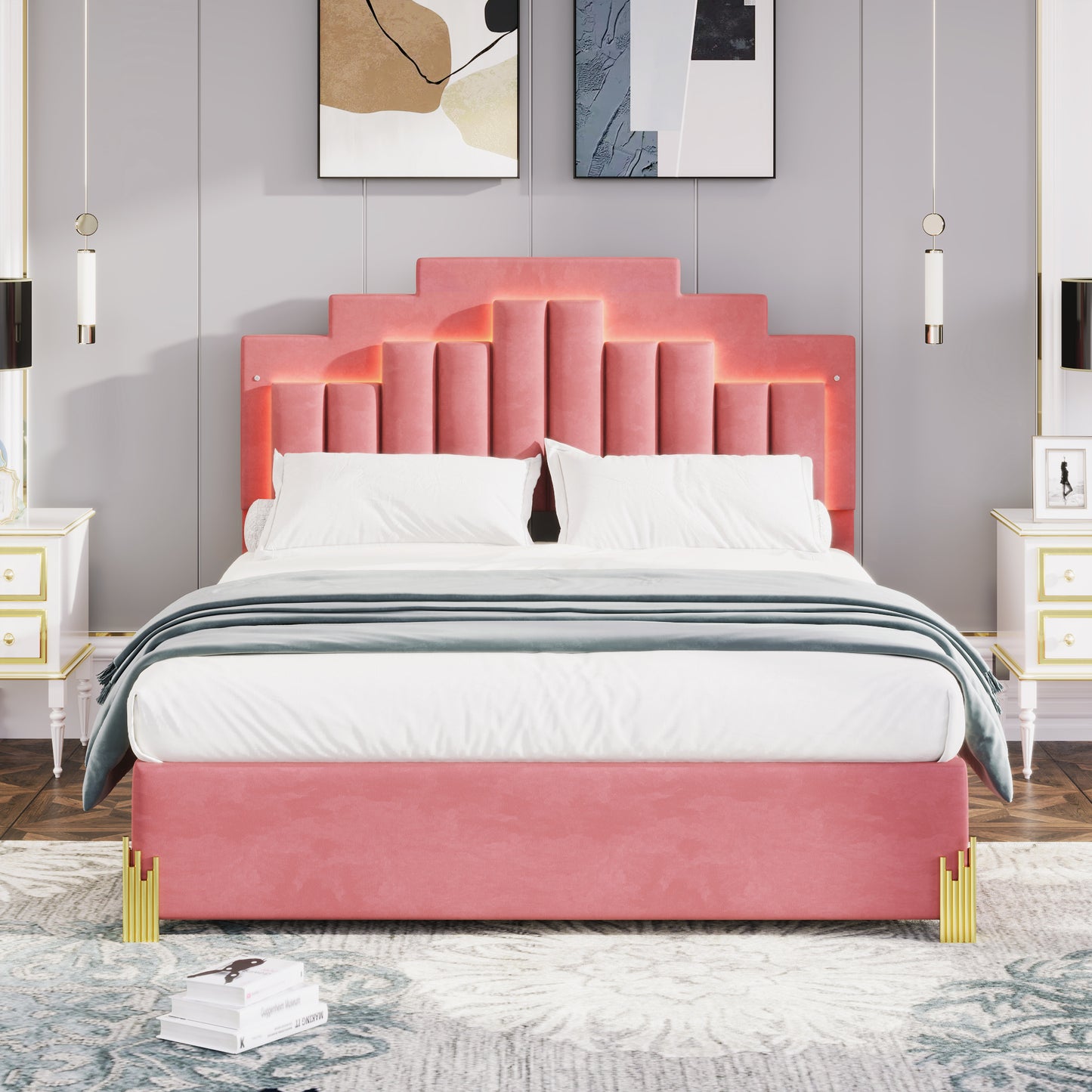 Queen Size Upholstered Platform Bed with LED Lights and 4 Drawers, Stylish Irregular Metal Bed Legs Design, Pink