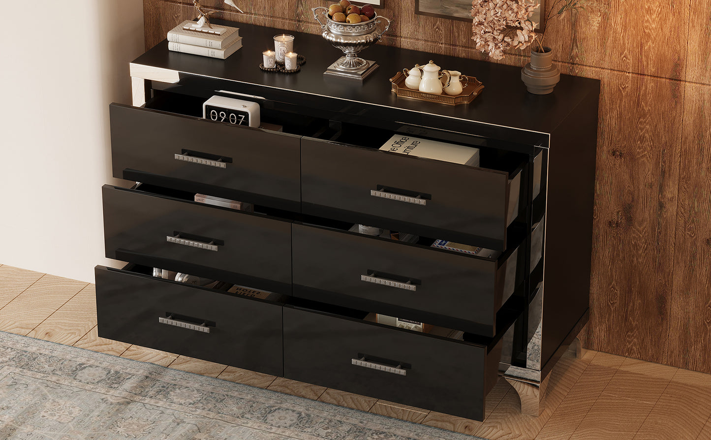 Elegant High Gloss Dresser with Metal Handle,Mirrored Storage Cabinet with 6 Drawers for Bedroom,Living Room,Black