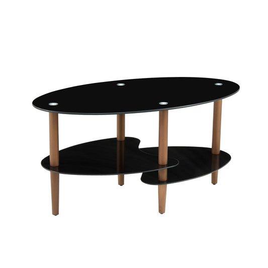 Modern Black Oval Glass Coffee Table with Oak Wood Legs and 3-Layer Tempered Glass