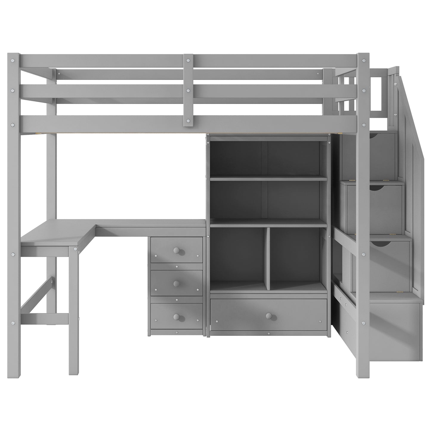 Gray Full Size Loft Bed with L-Shaped Desk, Drawers, Cabinet, and Storage Staircase, Pine Wood and MDF Construction