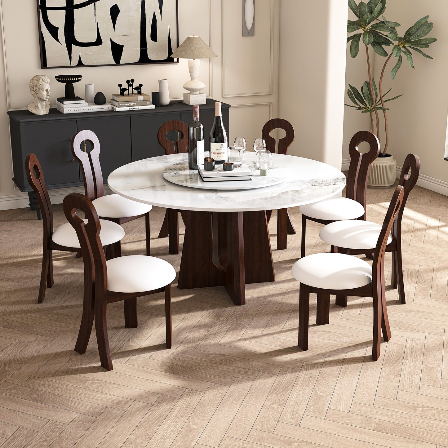 Modern Marble Dining Table, 59' Sintered Stone Round Dining Table with Solid Wood Walnut Base, Sturdy Cross Design for 6-8 People-Walnut (with 8 Chairs)